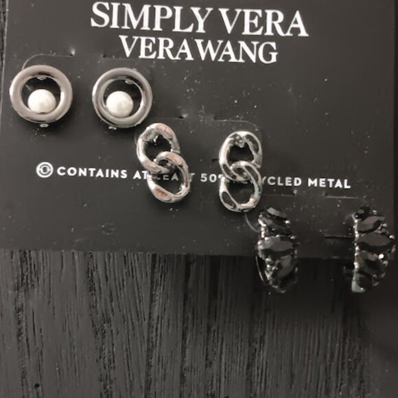 VERA WANG 3pc Goth Gunmetal Chain/Circle w/ Pearl/Black Crystal Hoop Earrings - Picture 4 of 4